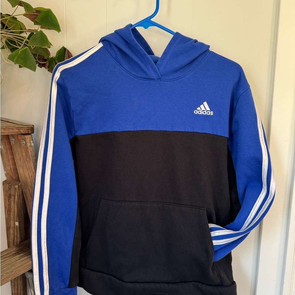 ✨ Adidas Kids Hoodie L (14/16) Blue Black Colorblock Sweatshirt 👟🤍